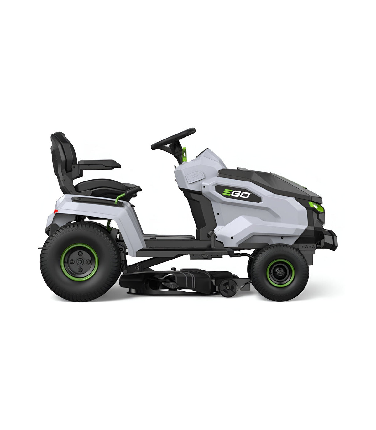 EGO TR4201E Aufsitzrasenmäher-Komplettpaket mit Seitenauswurf und Mulchfunktion, 4 x 10-Ah-Akkus und Schnellladegerät